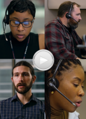 Penn Medicine Patient Access Center video preview, showing four photos of staff wearing headsets